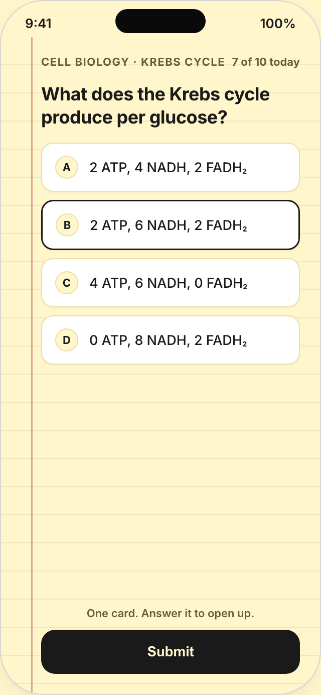 The Recess gate: a Cell Biology question with four answers and a Submit button, shown before the feed opens.