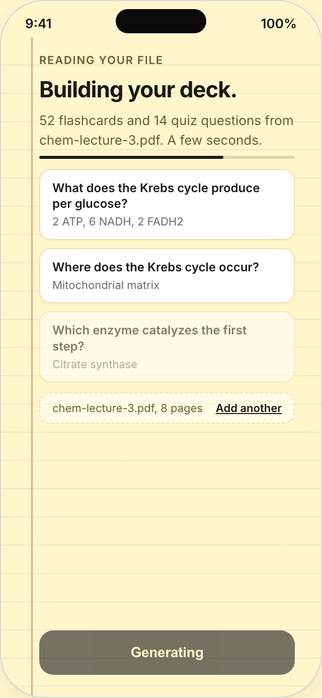 Recess building a deck of 52 flashcards and 14 quiz questions from a lecture PDF.