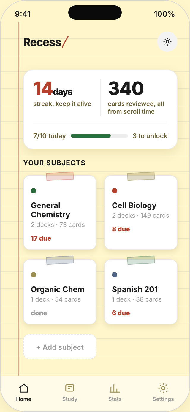 The Recess home screen: a 14 day streak, 340 cards reviewed from scroll time, and your subjects.