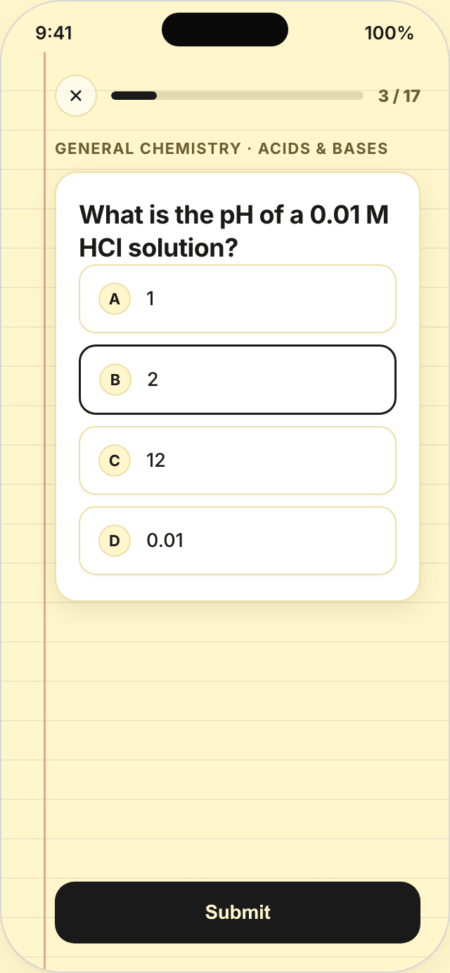 A Study mode session card asking the pH of a 0.01 M HCl solution.
